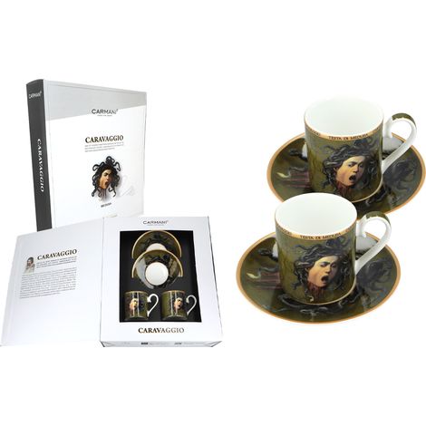 Set aus 2 Espressotassen mit Caravaggio-Medusa-Kopf aus Kunstporzellan (1/5)