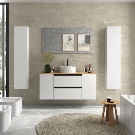Meuble de salle de bain BEQUIA PLUS METAL 120cm Blanc mat Vasque à poser Porcelaine Centrale 1P (1/5)