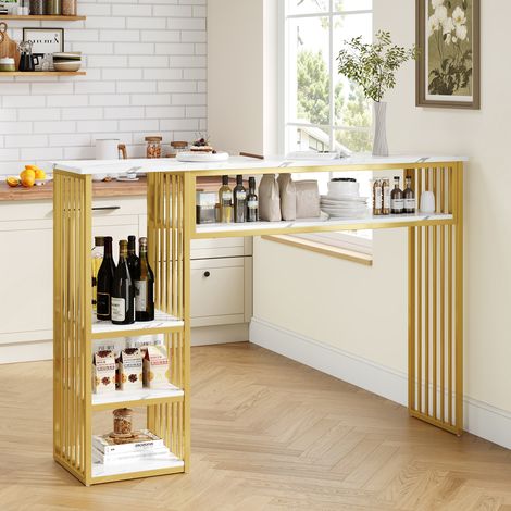 Table de bar avec espace de rangement, 140×40×105 cm, table haute avec plateau en MDF aspect marbre, 3 étagères et cadre en métal doré, comptoir de cuisine pour cuisine, salle à manger et coin petit-d (1/5)