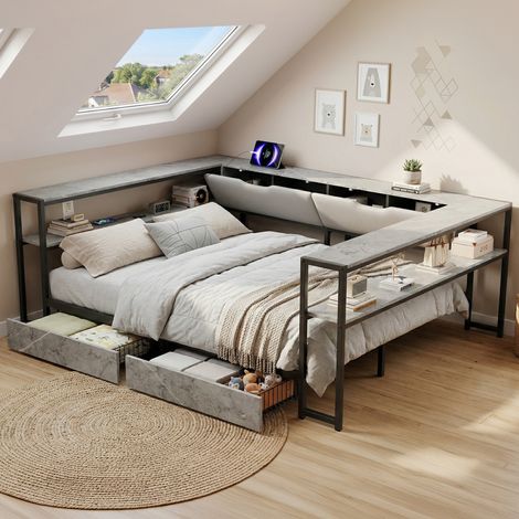 Lit banquette ado 140x200 cm canapé-lit avec USB-C, 2 tiroirs et sommier à lattes métal, gris béton