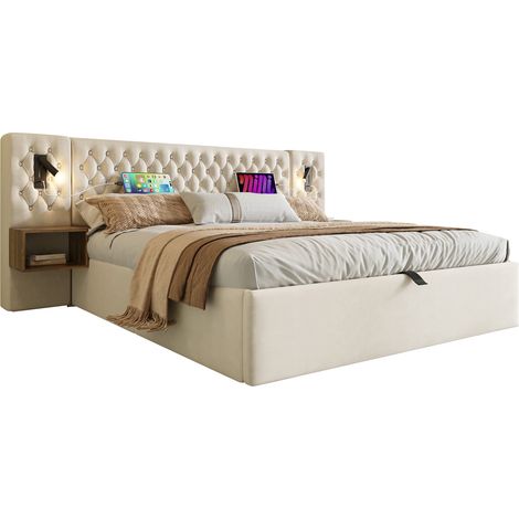 Lit Coffre Double, 2 Tables de Chevet, Lampes USB et Type-C, Couchage 160 x 200 cm, sans Matelas, Beige (1/5)