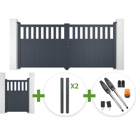 Portail battant 3m SANTIS H.140cm aluminium gris + 4 poteaux ELDA + Portillon 1m SANTIS H.140cm aluminium gris + motorisation Tanker B250 (1/5)