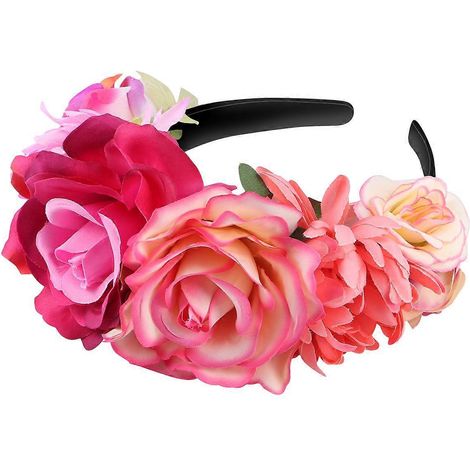 BESTOYARD Serre-tête à fleurs artificielles bohèmes, large couronne, guirlande, coiffe pour la plage, les fêtes et les photos de vacances (rose rouge et rose pâle)-20.00X18.00X10.00CM