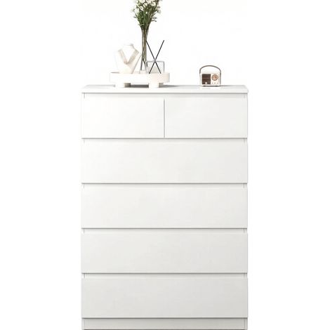 Commode blanche 6 tiroirs sans poignées avec 4 grands et 2 petits tiroirs, meuble de rangement mural en panneau de particules, 80 x 39 x 115 cm - CHICFURN (1/5)