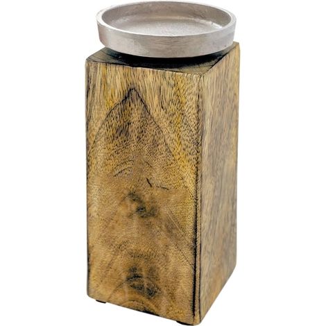Mango Kerzenhalter mit Alu Kerzenteller - klein / 20 cm - Holz Kerzenständer für Stumpen- und Kugel-Kerzen
