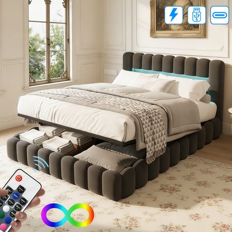 Lit coffre 180x200 cm avec éclairage LED et chargement USB Type C, Lit double avec sommier, Lit fonctionnel, 2 personnes, rangement hydraulique, Lin gris (1/5)