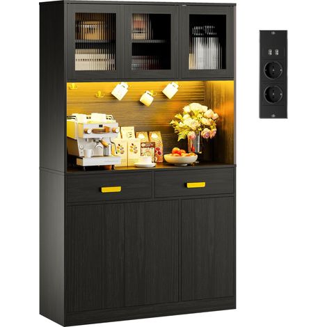 Armoire de Cuisine Haute avec éclairage LED, Prise de Courant USB, Plan de Travail, 2 tiroirs, Portes magnétiques, Buffet pour café, Cuisine, Salon, Salle à Manger, 180 x 110 x 38 cm, Noire (1/5)