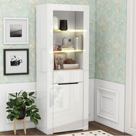 Vitrina de aglomerado blanco brillo con LED, 60 x 35,5 x 165 cm, 1 puerta, 1 cajón y 2 baldas (1/5)