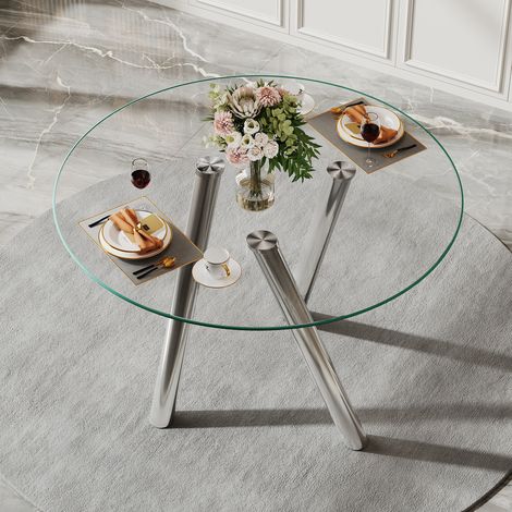 89 cm, runder Esstisch aus gehärtetem Glas mit robusten silbernen Metallbeinen