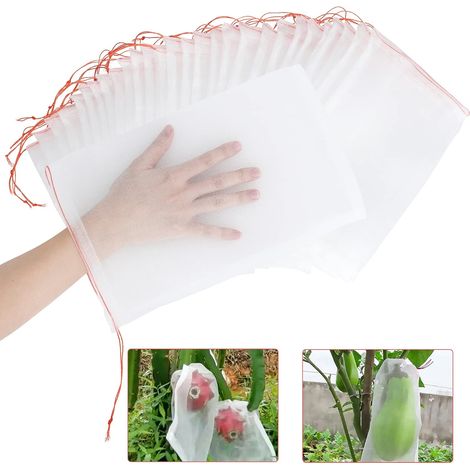 Filiyano-50 sacs de protection pour fruits, filets de 30 x 20 cm, filets de jardin avec cordon de serrage, sacs pour arbres fruitiers, filets (1/5)