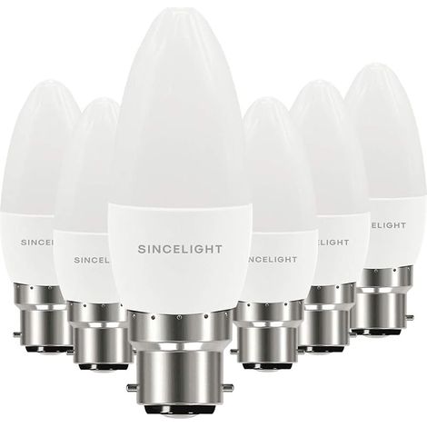 Ampoule LED en forme de bougie B35 et culot B22, IRC (RA≈85), Diffuseur laiteux, 5W, Blanc Chaud (2700K), 500lm, Lot de 6 (1/5)