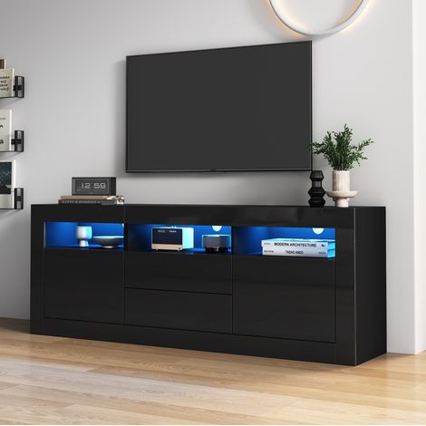 Meuble rangement TV salon LED 160 cm noir brillant smart HAVRYA (1/5)