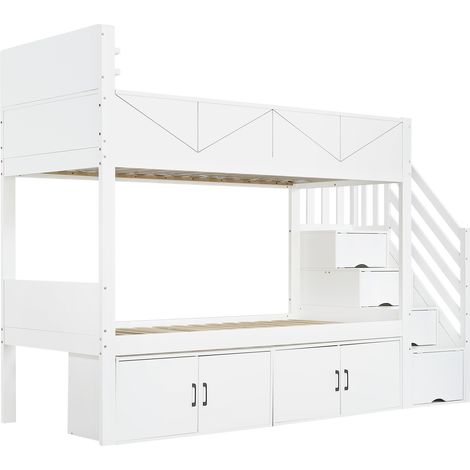 Letto a castello bianco 90x200 cm con scala contenitore e armadietti MODENUIT (1/5)