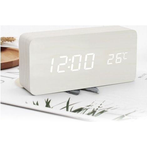 Wooden Digital Alarm Clock Wireless Charging Volume Wooden LED Clock (White) (1/4)