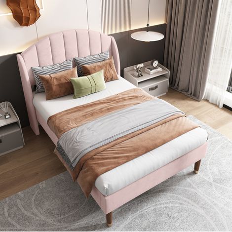 Lit 90x200 rembourré avec tête de lit en velours rose HAVRYA (1/5)