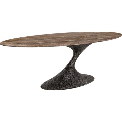 Table à manger ovale en travertin brun cendré - brun cendré et noir texturé (1/5)
