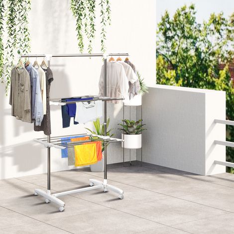 Séchoir à linge sur pied extensible 3 niveaux, colonne pliable avec roulettes, 154 cm, blanc (1/5)