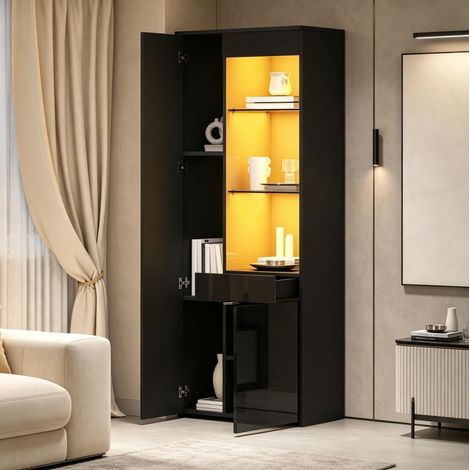 Vitrina 70 x 35 x 180 cm con LED, 1 cajón, puertas de vidrio, negra HAVRYA (1/5)