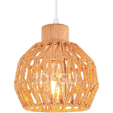 Rétro Suspension Luminaire Industriel 15cm Lustre Plafonnier Abat-jour en Rotin Brun E27 Luminaire pour Salon Chambre (1/5)