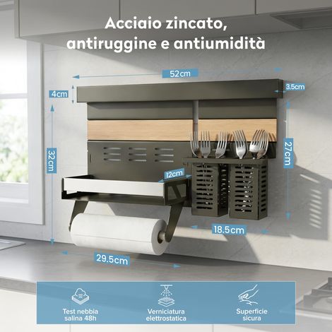 doporro Porta Spezie a Due Ripiani e Porta Mestoli da Cucina in Lamiera Zincata, Portaspezie con Supporto per Cellulare, Portautensili con 5 Ganci, Grigio, da Appendere con Guide, Reglo-09+Reglo-12