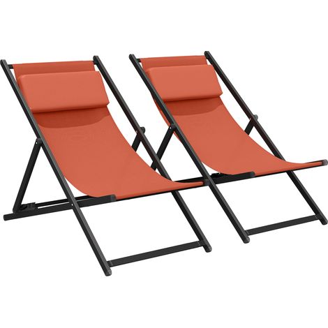 Set aus 2 Sonnenliegen, klappbare Chaiselongue mit verstellbarer Textilene-Kopfstütze, 60 x 100 x 85 cm, ziegelrot