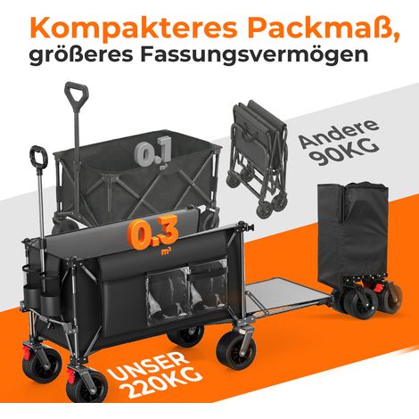 Chariot pliable 200L+100L hayon, remorque pliable 140 cm, roues tout-terrain extra larges 17x10 cm, noir, idéal jardin, courses, plage, plein air (1/5)