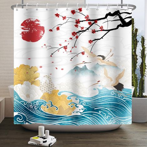 120x180cm Rideau de Douche Japonais océan Mont Fuji Rouge Soleil Sakura Grue Blanche Asie Japon Traditionnel Ukiyo e Art avec Crochet Rideau de Douche (1/5)