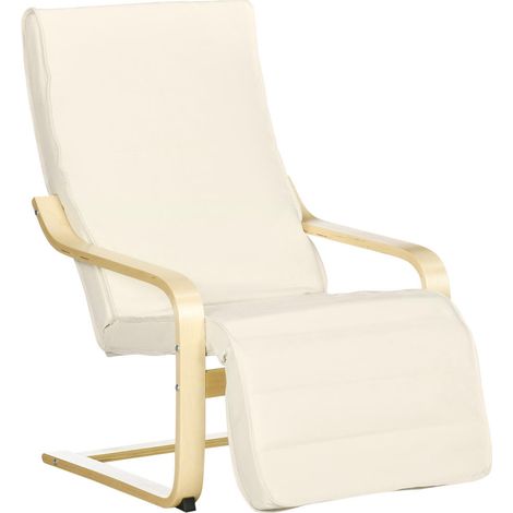Pour salon et intérieur : fauteuil scandinave avec repose-pied réglable, assise déhoussable en bois massif crème (1/5)