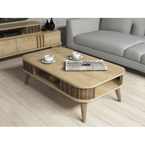 Dmora - Tavolino da salotto Cigno, Tavolo basso da caffè, Portariviste per divano, Ripiano da soggiorno, 105x60h35 cm, Quercia (1/5)