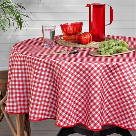 Nappe ronde vichy rouge et blanc Ø 160 cm – Anti-tache et infroissable – Pour 6 à 8 personnes – Nettoyage facile avec éponge (1/2)