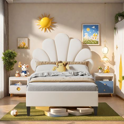 Lit Enfant capitonné 90x190, Lit simple Tête de Lit Fleurie en Velours – Sommier à Lattes, Confort Doux pour Fille et Garçon – Beige (1/5)