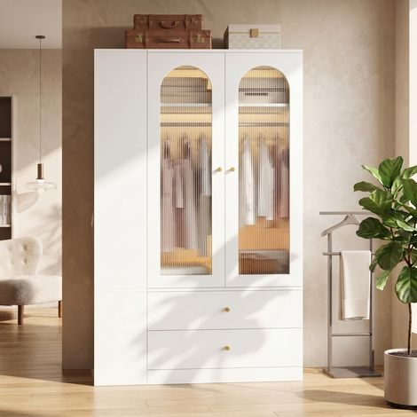 Armadio 120x50x200 cm in MDF, vetro e acciaio bianco, 4 cassetti per camera – MEUBLIV (1/5)