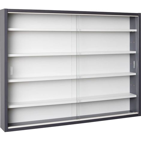 Altobuy – Vitrine murale 5 compartiments en panneaux de particules laqués gris – Portes en verre sécurit – Dimensions 80 x 10 x H60 cm