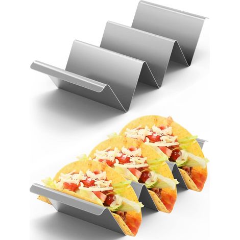 Taco-Ständer, 2er-Pack, aus Edelstahl 304, mit Griffen, spülmaschinenfest, geeignet für Tacos, Sandwiches, Würstchen etc. – Silber (1/3)