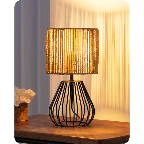 EDISHINE - Lampada da tavolo - Lampadina LED E14 inclusa - Paralume boho lavorato a mano - Base a gabbia in ferro