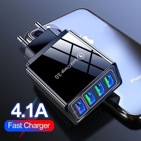 Chargeur Mural USB 4 Ports Rapide 4,1A QC3.0, Prise UE Adaptateur Multi-USB pour Téléphone Tablette iOS Android (1/4)