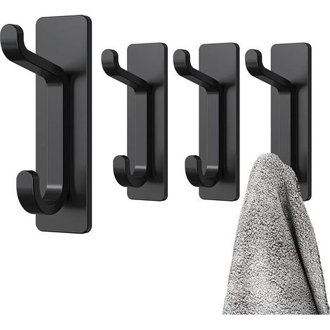 Schwarz, 4 Stück, selbstklebender Wandhaken, Handtuchhalter für Bad, Geschirrtuchhaken für Küche, selbstklebender Kleiderhaken, Wandmontage ohne Bohren (1/5)