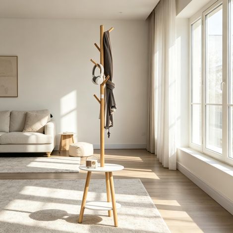 Porte-manteau moderne sur pied avec étagère ronde et crochets verticaux, élégant porte-manteau d'entrée, porte-vêtements multifonctionnel (1/4)