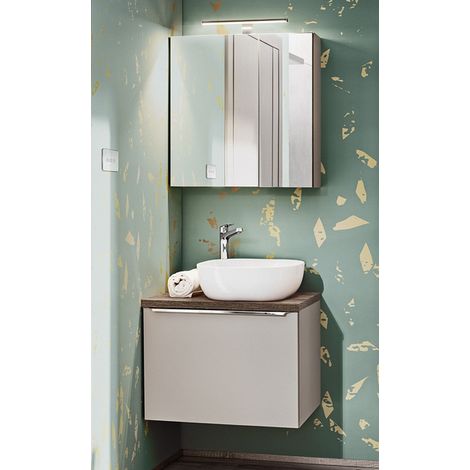 Ensemble meuble sous vasque + vasque + cabinet miroir - 60 cm - Rosario Taupe - Livraison gratuite