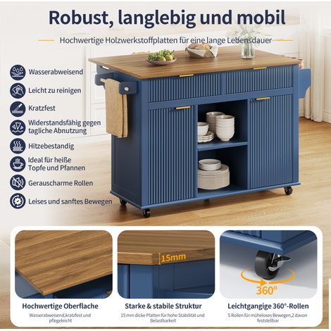 Îlot de cuisine sur roulettes 120 x 45 cm avec plan de travail rabattable, desserte de cuisine avec 2 tiroirs, 2 portes, étagères à épices et porte-serviettes, meuble de cuisine roulant avec espace de (1/4)