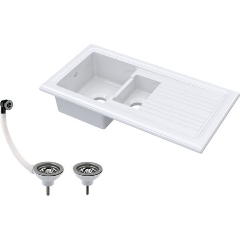 Balterley Traditional 101cm 1.5 Bowl Fireclay Inset Kitchen Sink & Drainer & Brushed Nickel Wastes - White