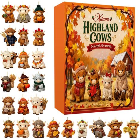 Adventskalender mit Hochlandrindern für Thanksgiving – 24 flache 2D-Acryl-Anhänger mit niedlichen Hochlandrind-Motiven – Herbst-Countdown-Kalender – Weihnachtsbaumschmuck und festliches Geschenk (1/5)