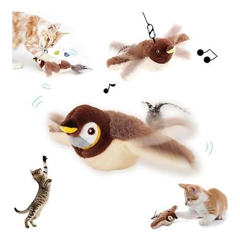 Jouet interactif pour chat – Oiseau gazouillant avec sons réalistes et battement d'ailes – Peluche durable et plumes naturelles – Avec herbe à chat bio (1/5)