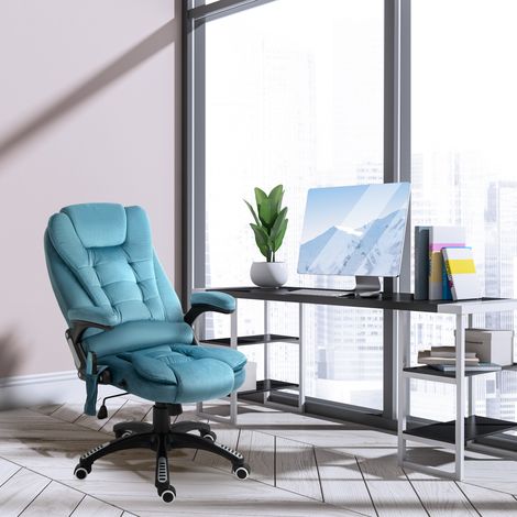 Vinsetto Fauteuil de bureau massant et chauffant, chaise de bureau, chaise ergonomique avec hauteur réglable, dossier inclinable et télécommande filaire, pivotant à 360° tissu en polyester bleu