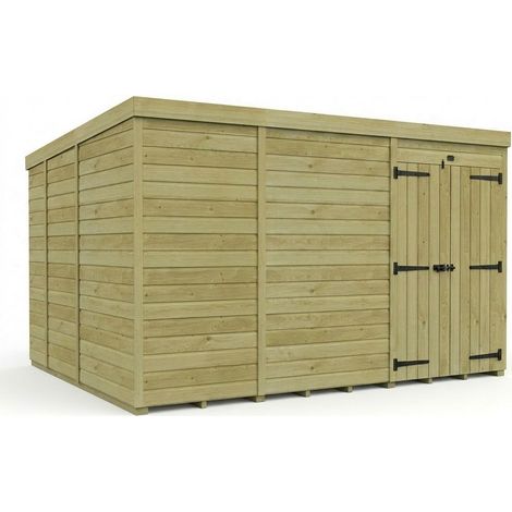 11ft x 9ft Pent Garden Shed Double Door No Windows - Pressure Treated Timber - L335 x W274 x H210 cm - Natural