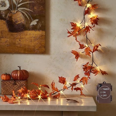 Guirlande Feuille D'érable Éclairée - 24 LED Blanc Chaud - Fonction Minuterie - Pour Intérieur Extérieur - 6 Pièces (1/5)