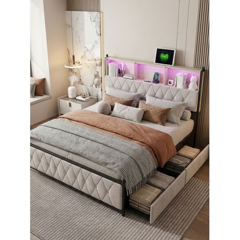 Lit double adulte 180x200 cm avec éclairage LED, table de chevet de rangement et 4 tiroirs, velours beige