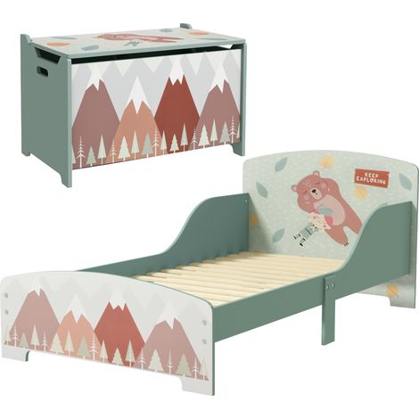 Conjunto para niños incluye 1 cama infantil de madera carga Máx. 40 kg 143x77x60 cm y 1 baúl de almacenamiento 60x37x39 cm con estampados verde