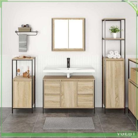Ensemble mobilier salle de bain 3 pcs - FAF7291712445460 - Chêne sonoma & noir - Bois d'ingénierie & acier - Grand rangement (1/5)