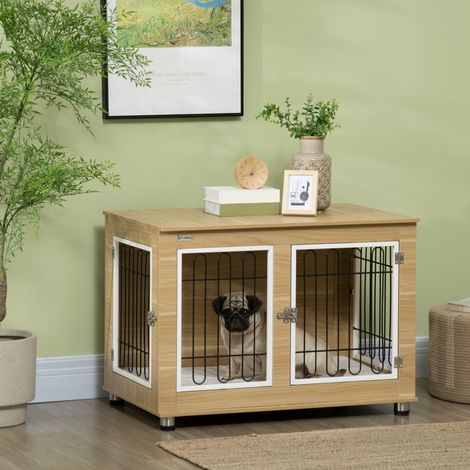 Cage pour chien animaux cage de chien sur pied avec coussin amovible acier aspect bois 90 x 58 x 65 cm